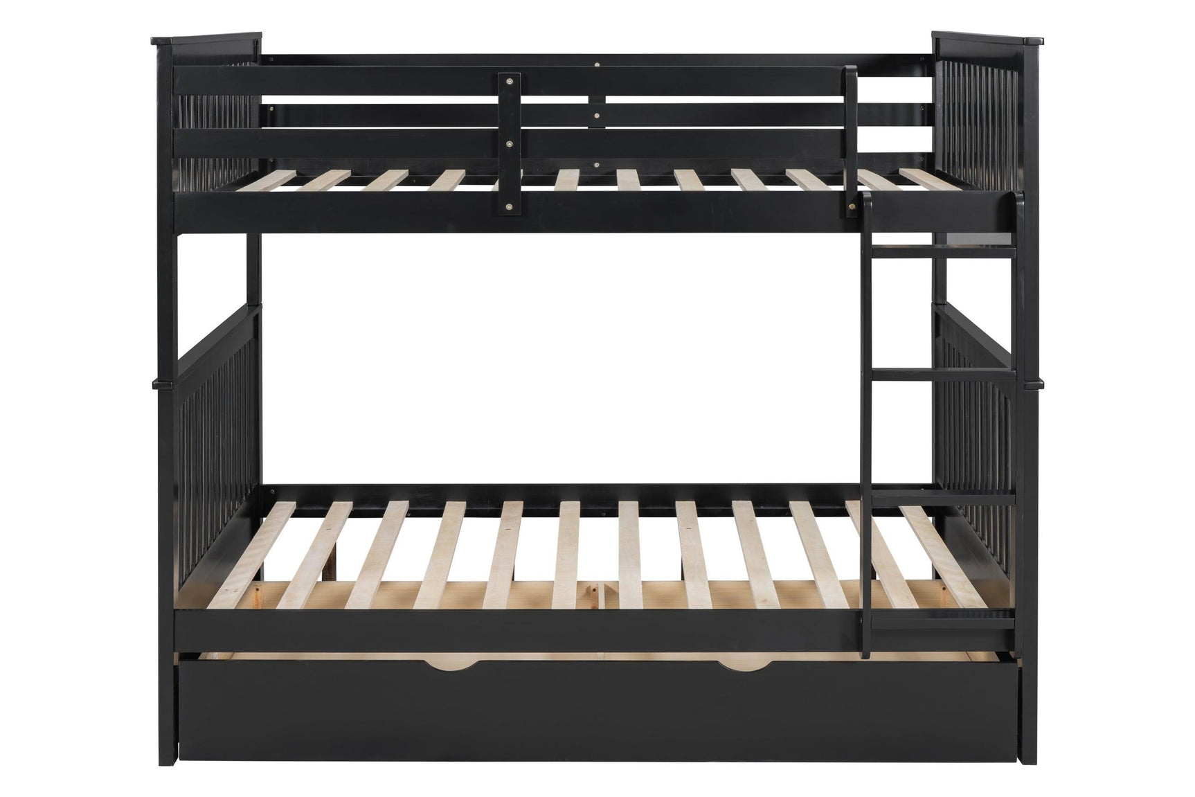Side view of black solid wood trundle twin bed under bunk