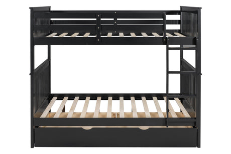 Side view of black solid wood trundle twin bed under bunk