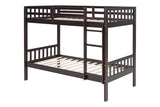 Side angle of espresso twin over twin bunk beds