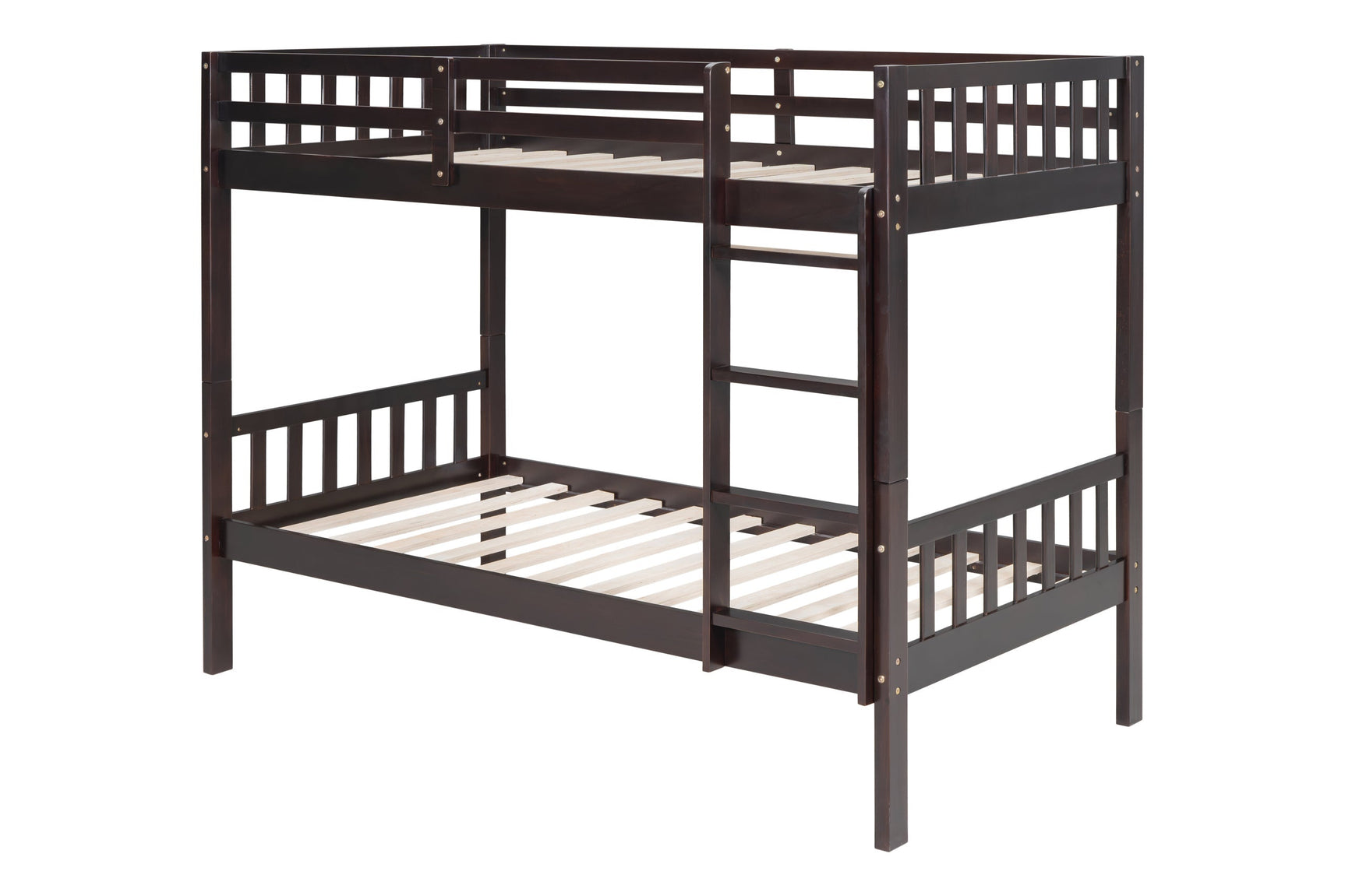 Side angle of espresso twin over twin bunk beds