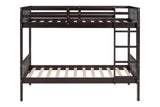 Top bunk and ladder detail of espresso twin bunk beds