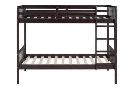 Top bunk and ladder detail of espresso twin bunk beds