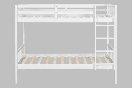 White solid wood twin over twin bunk beds top bunk view