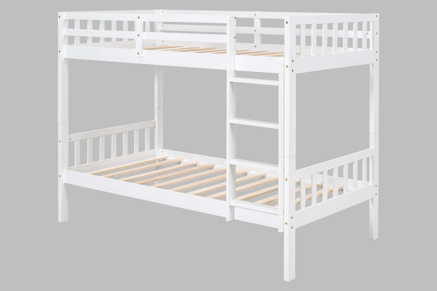 White twin over twin bunk beds side angle
