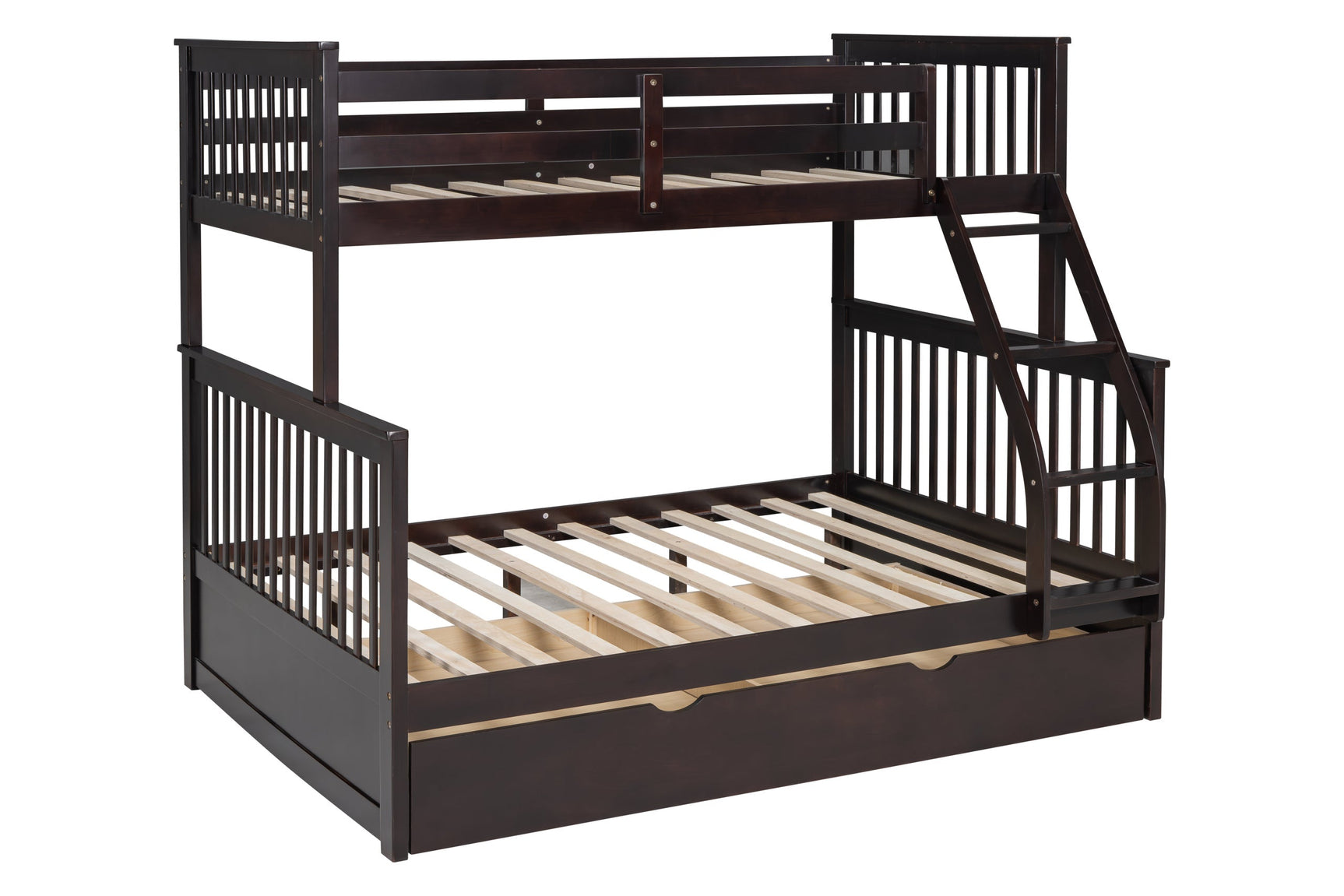 Top bunk of espresso solid wood bunk bed with trundle