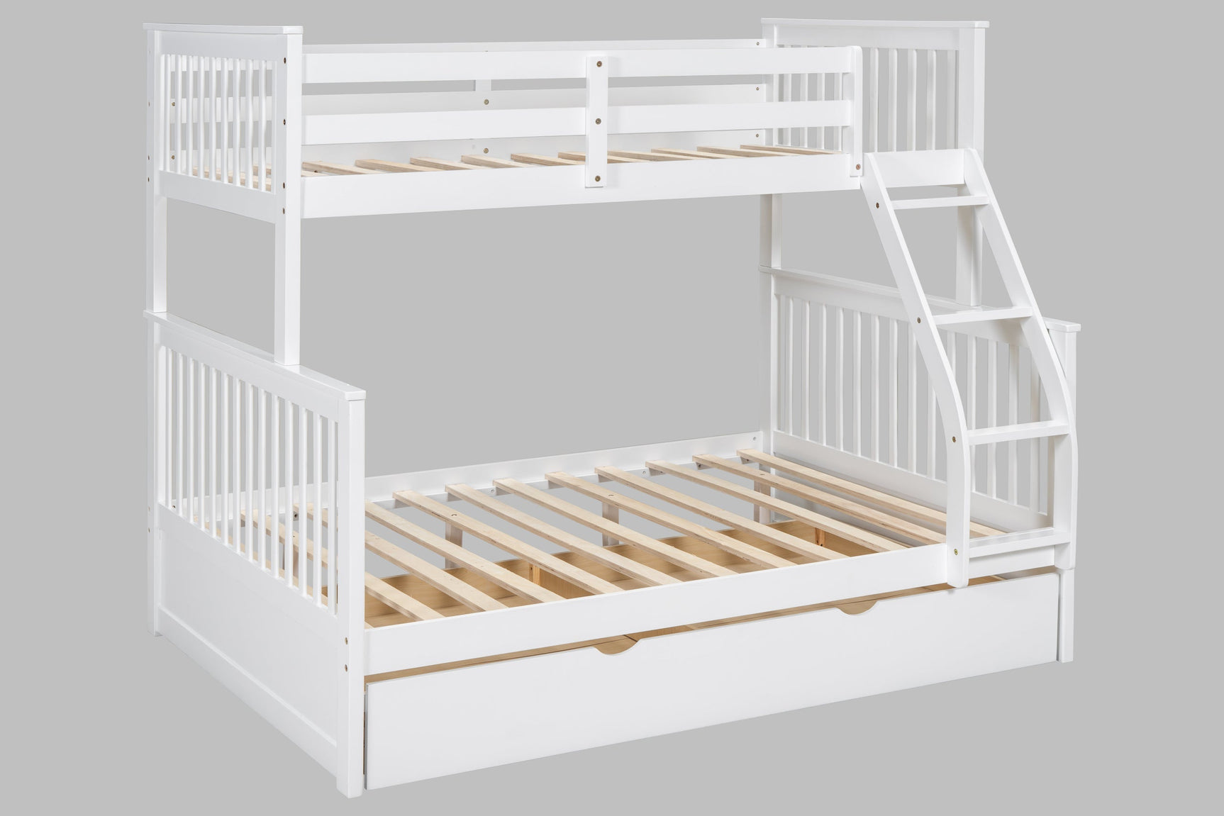 Close-up of white solid wood bunk bed ladder and guardrail