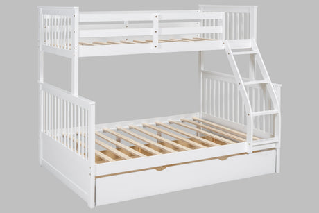 Close-up of white solid wood bunk bed ladder and guardrail