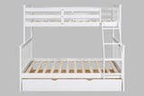Full view of white solid wood twin over full bunk bed with trundle