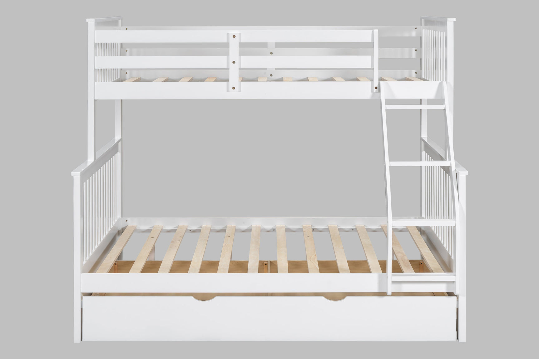 Full view of white solid wood twin over full bunk bed with trundle