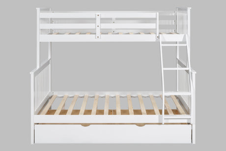 Full view of white solid wood twin over full bunk bed with trundle