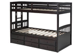 Three storage drawers integrated in bottom bunk frame