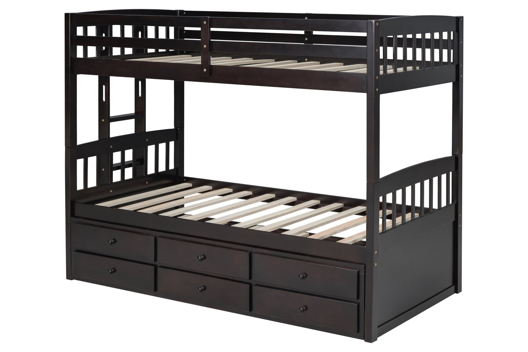 Three storage drawers integrated in bottom bunk frame