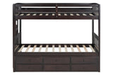 Side angle showing bunk bed solid wood frame and espresso finish