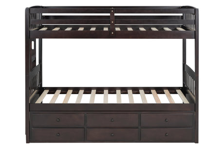 Side angle showing bunk bed solid wood frame and espresso finish