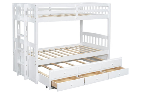 White bunk bed side view showing trundle bed