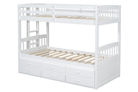 White bunk bed close-up of storage drawers