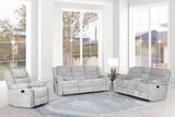 Side angle of Oliver reclining sofa set in silver fabric