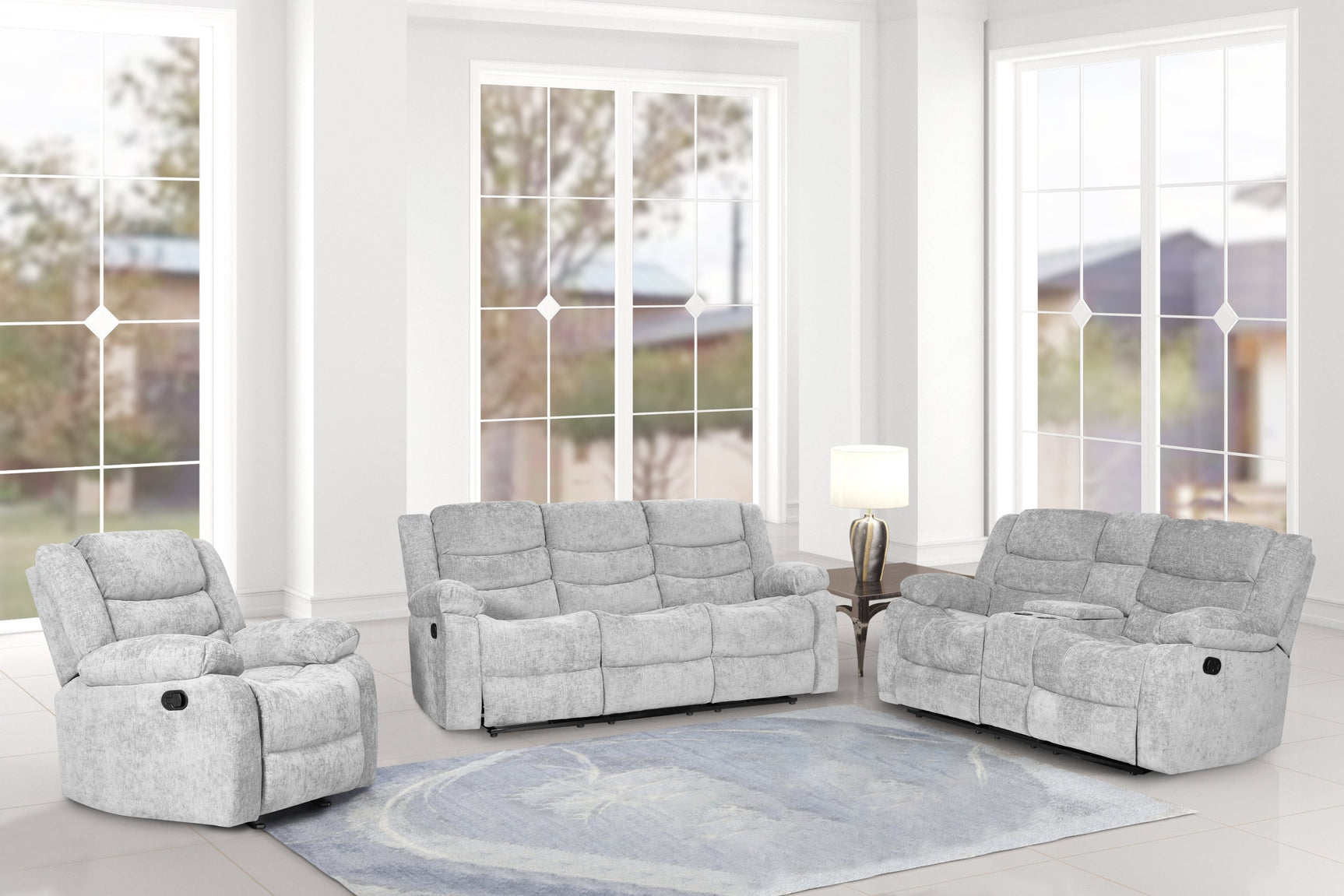 Side angle of Oliver reclining sofa set in silver fabric