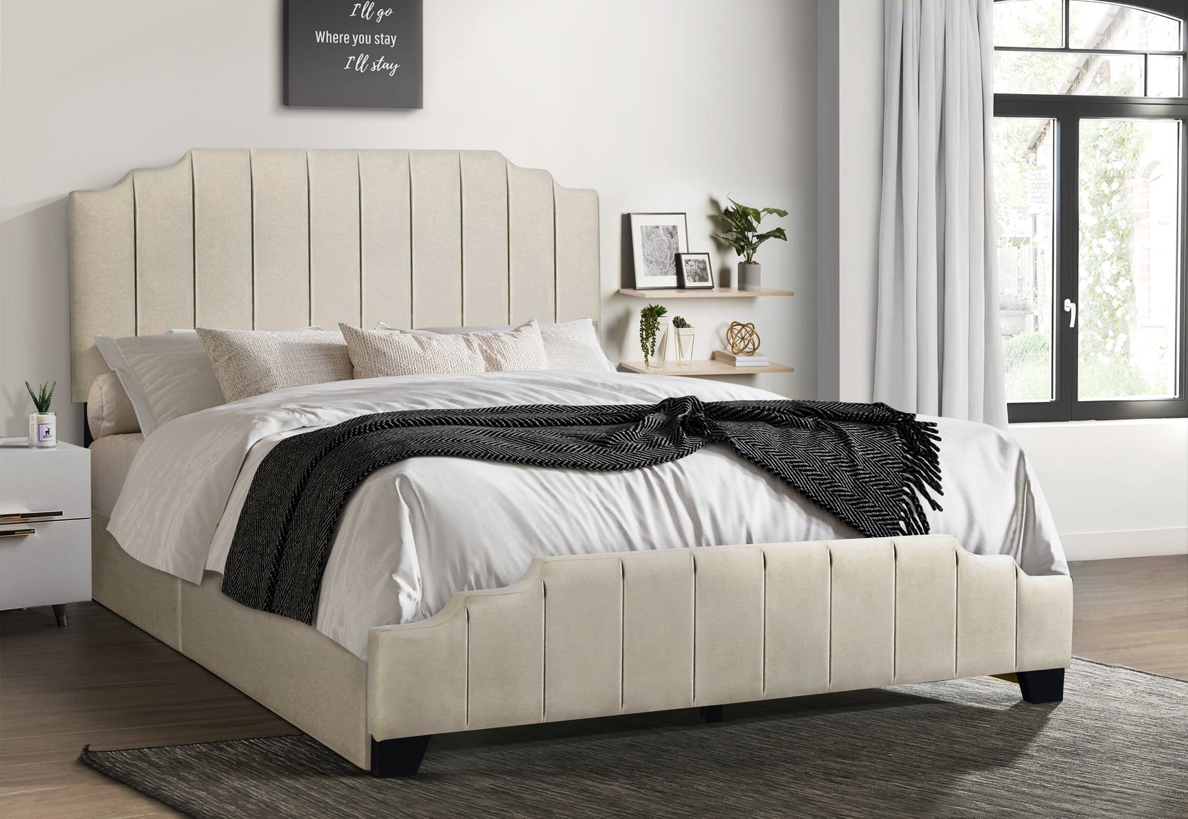 Jaddy Beige Velvet Upholstered Platform Queen Bed