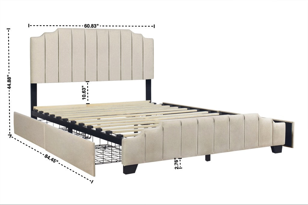 Jaddy Beige Velvet Upholstered Platform Queen Bed