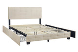 View of bed frame structure with linen upholstery