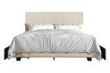 Side angle showing tufted headboard and side drawer storage