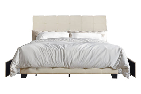 Faddy Beige Upholstered Platform Bed side drawer detail