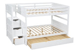 Side view of white solid wood bunk beds with storage drawers in staircase