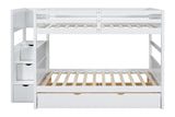 Close-up of staircase drawers on white full over full bunk beds