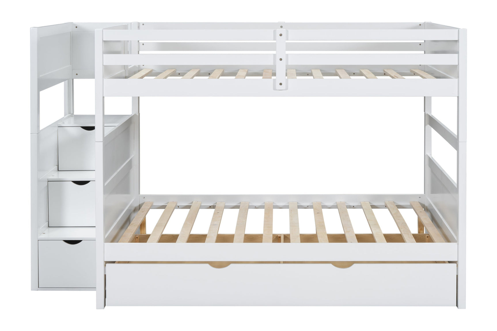 Close-up of staircase drawers on white full over full bunk beds
