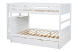 White solid wood bunk beds setup with twin trundle bed underneath