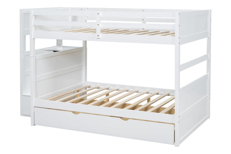 White solid wood bunk beds setup with twin trundle bed underneath