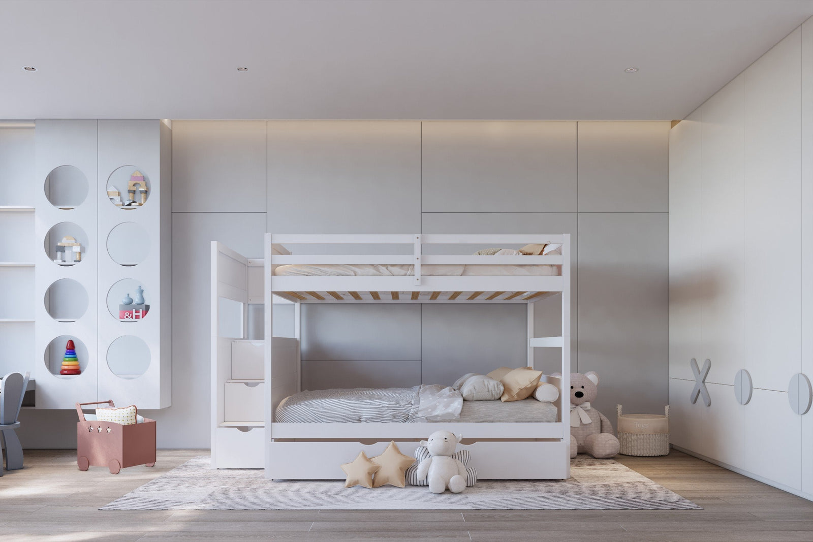 White Full Over Full Trundle Staircase Storage Bunk Beds