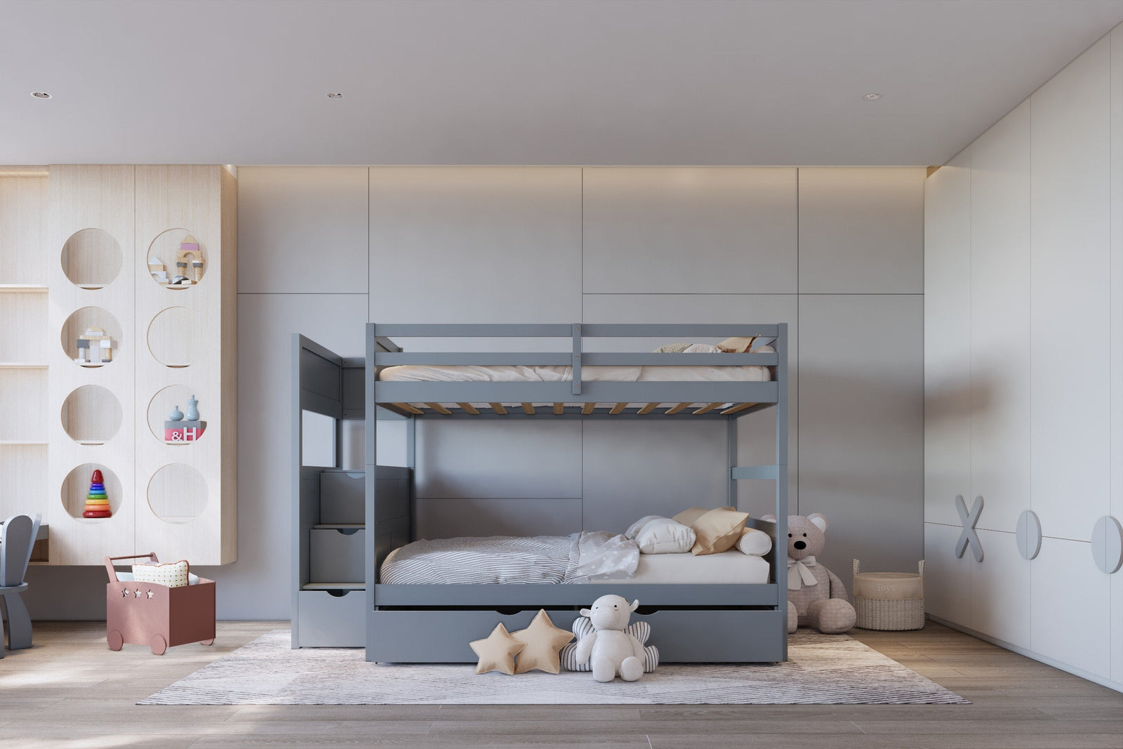 Gray Full Over Full Trundle Staircase Storage Bunk Beds