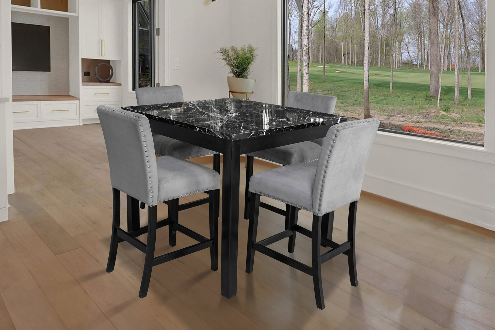 main view of Dior Oynx Gray Marble Top Industrial Velvet Upholstered Dining Room Set dining room furniture