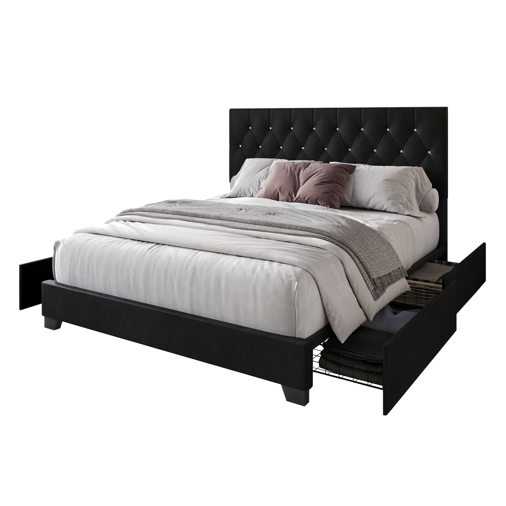 Close-up of tufted velvet upholstery on bed headboard