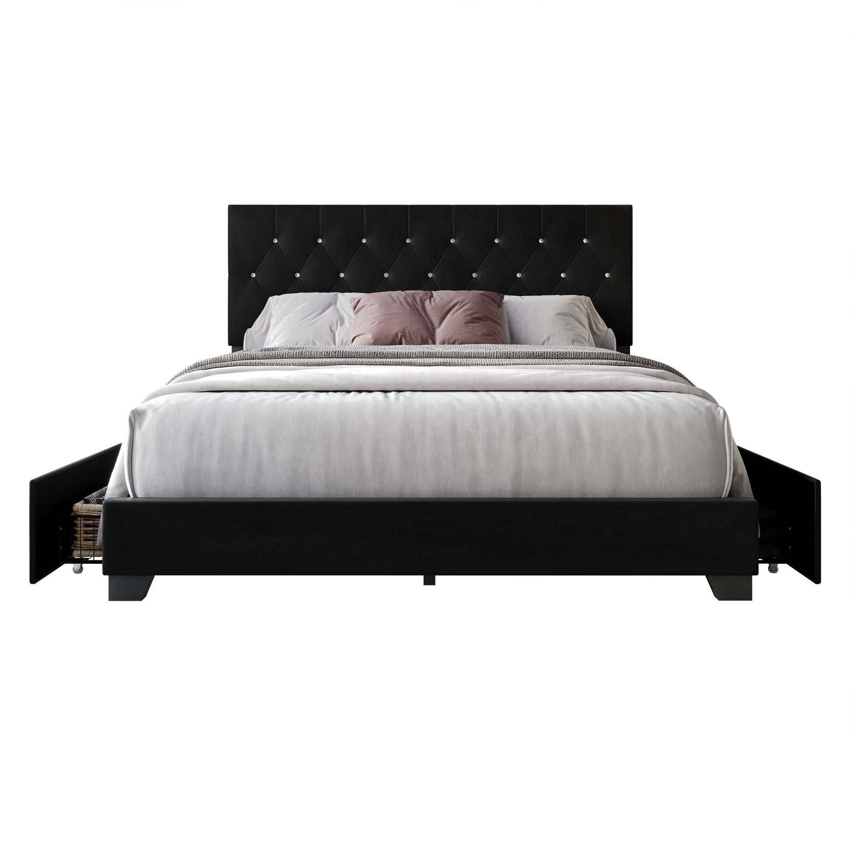 Side drawer storage open on Saddy Velvet King Bed