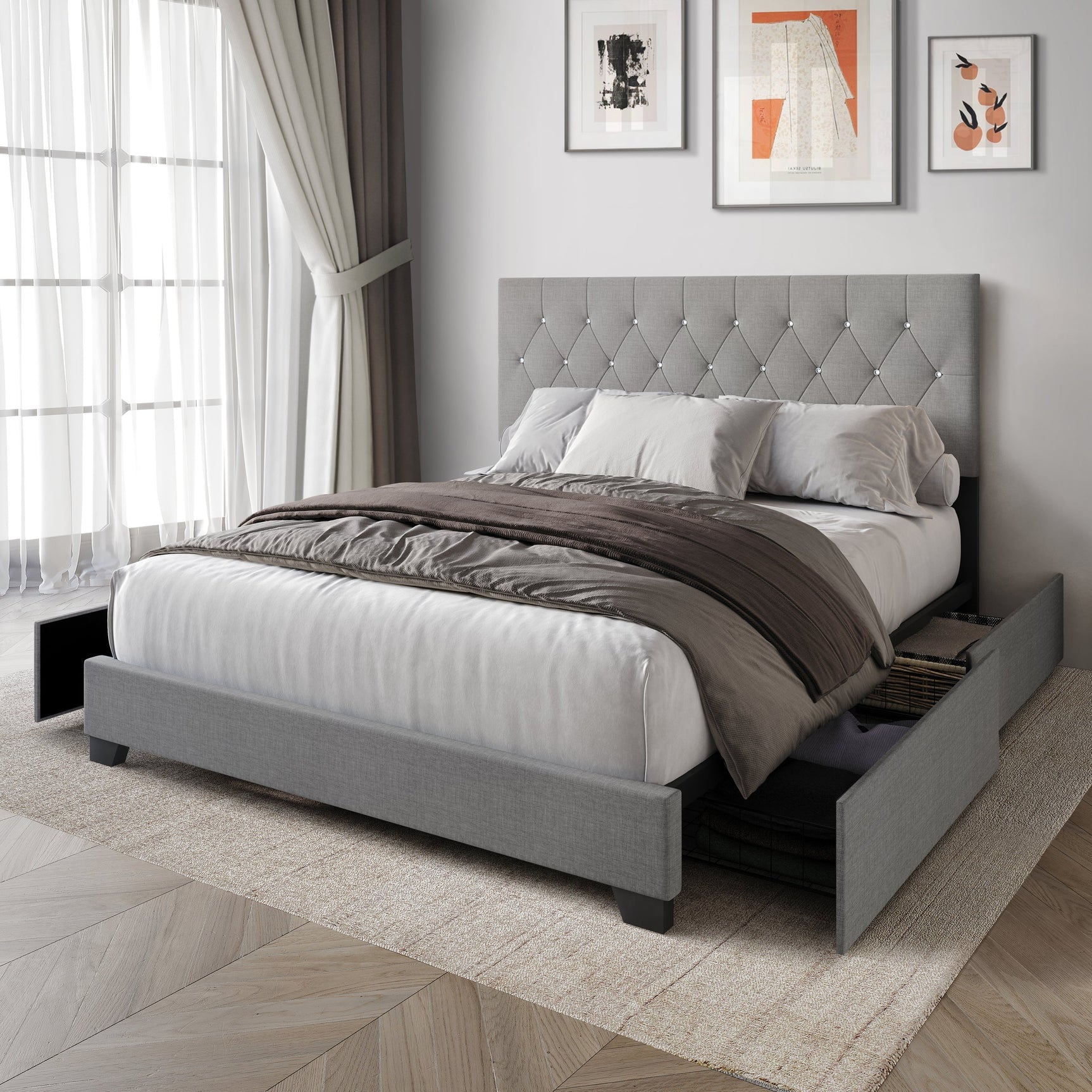 Dooma Gray Velvet Upholstered Tufted Platform King Bed