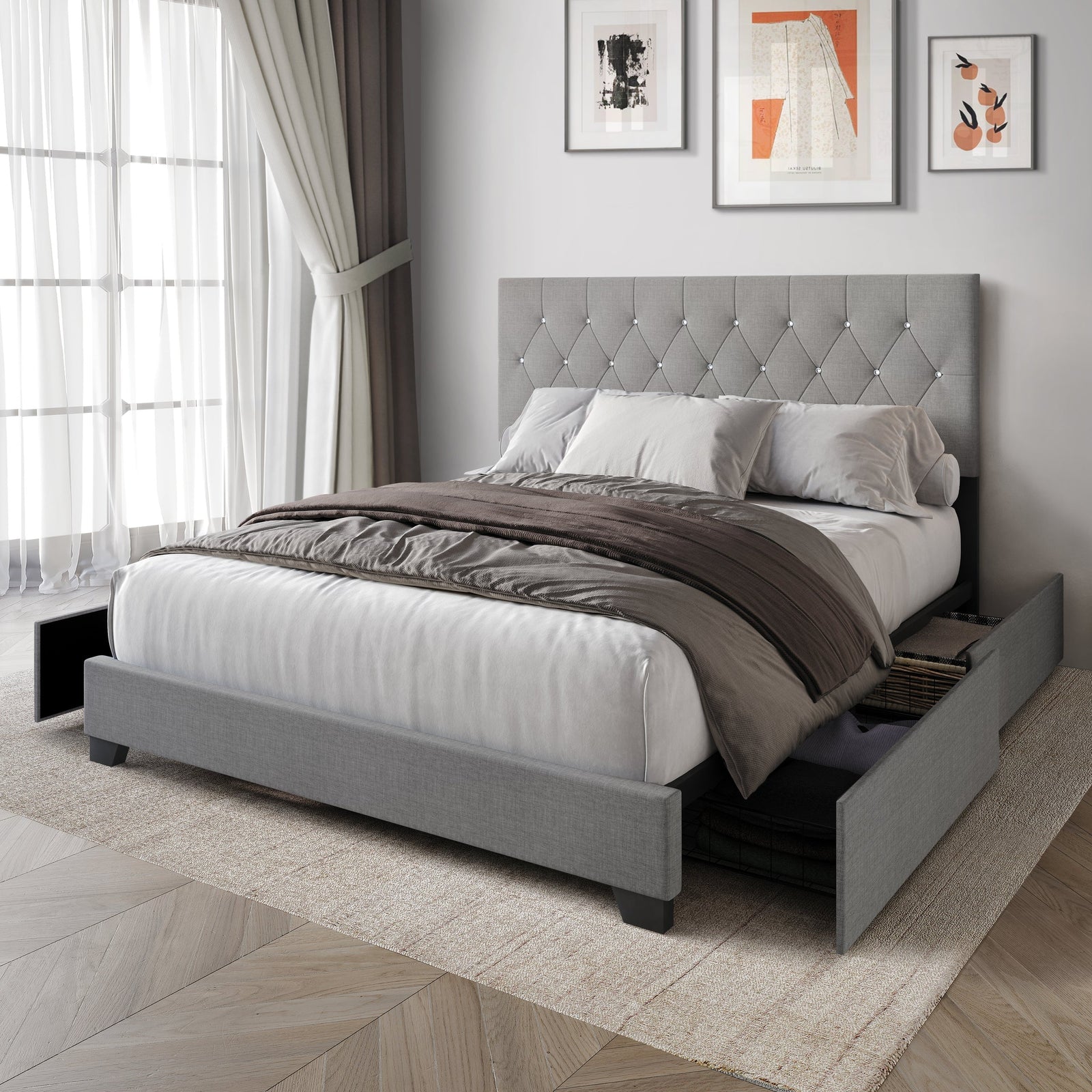 Dooma Gray Velvet Upholstered Tufted Platform Queen Bed