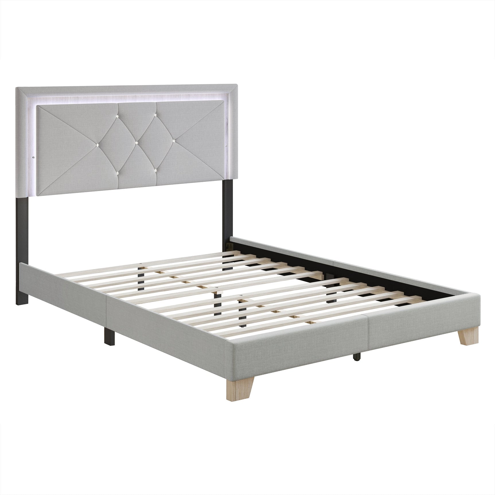 Silver velvet tufted LED platform twin bed - side angle showing LED light