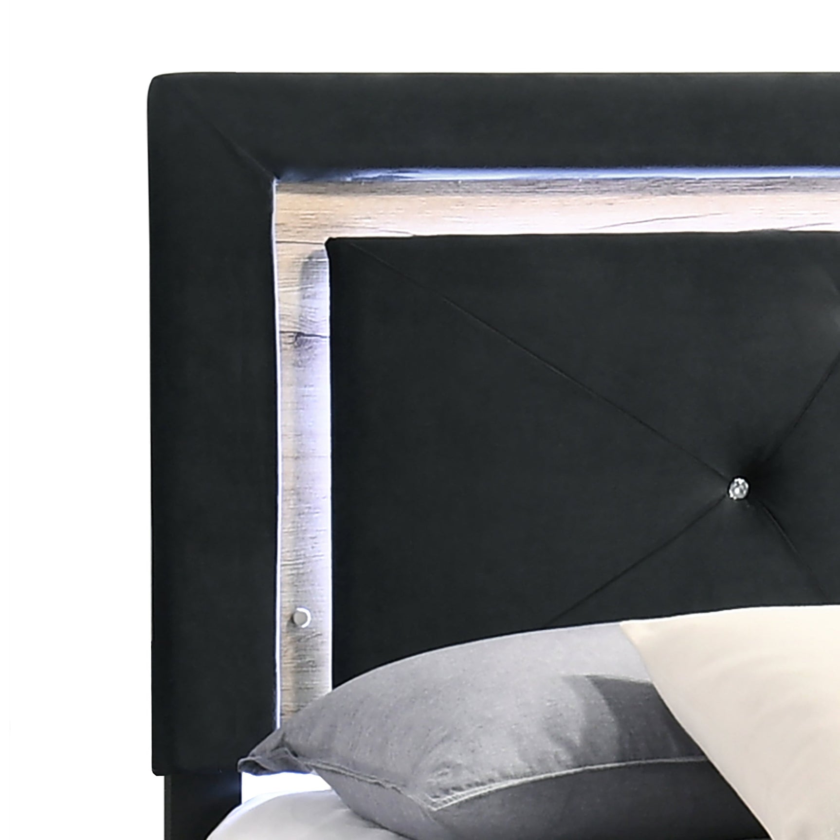 LED lighting detail on Wally Black Velvet Platform Queen Bed