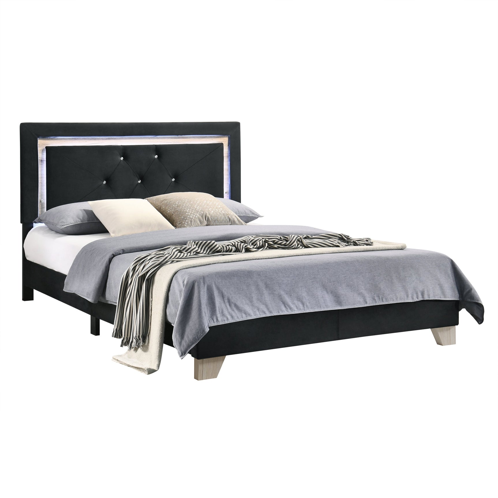 Wally black velvet platform bed side view showing tufted headboard