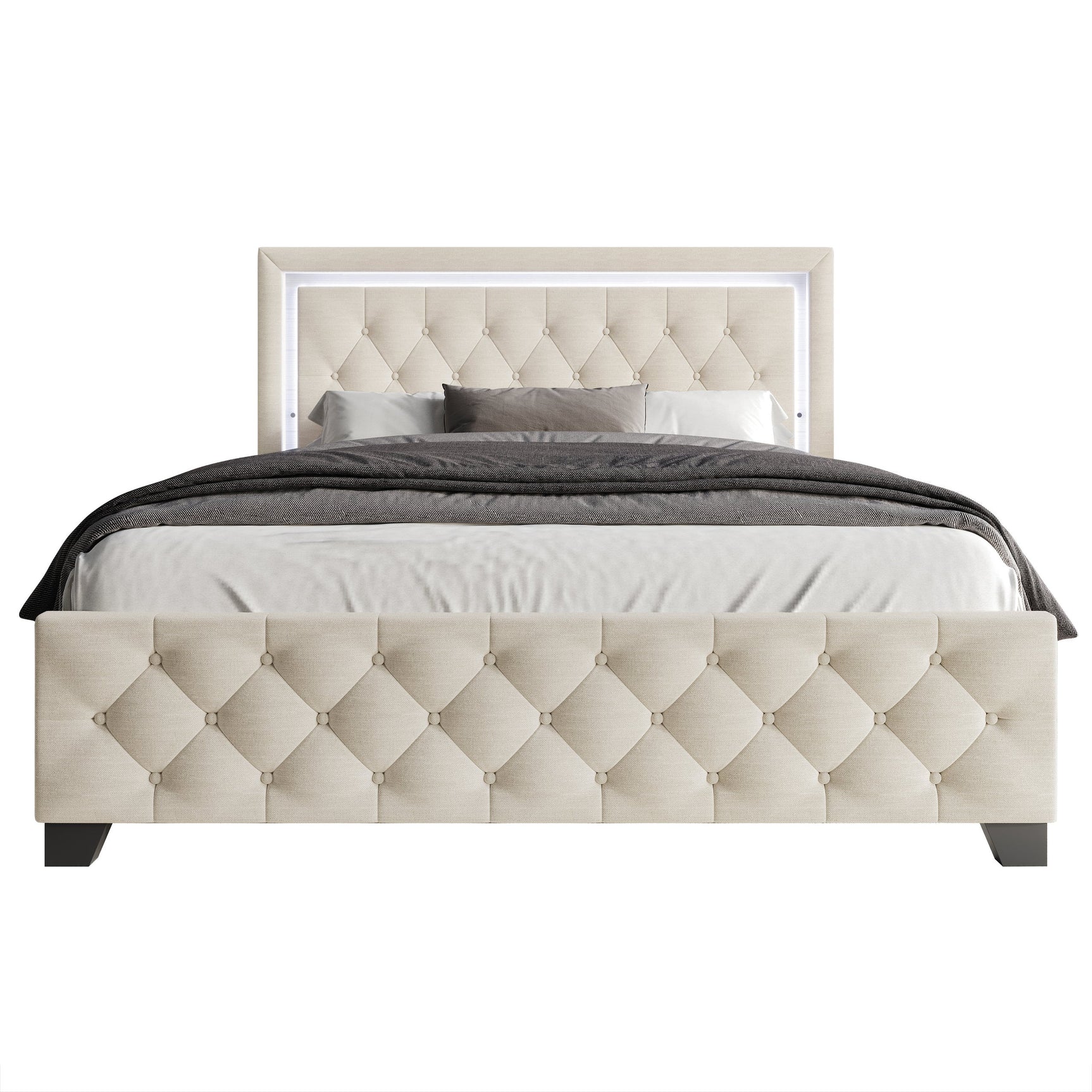 Oluma bed showing LED headboard light turned on in bedroom setting