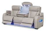 Close-up of drop-down table with LED reading lights and cup holders
