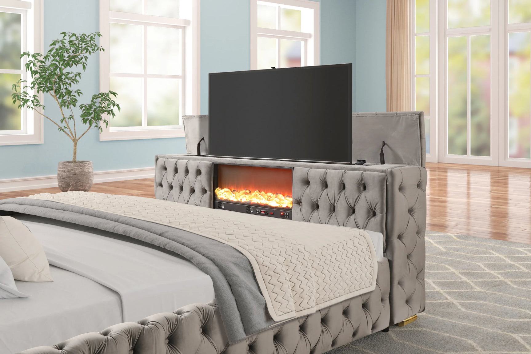 Close-up of LED fireplace display in footboard