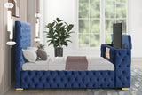 Side view of Future Blue velvet queen platform bed