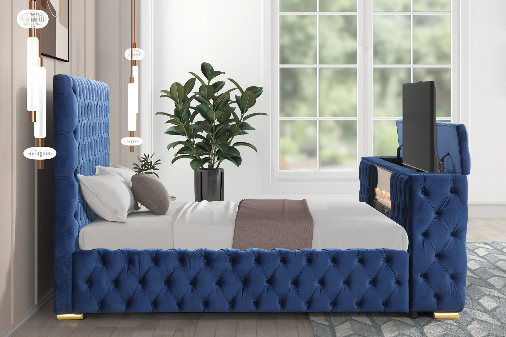 Side view of Future Blue velvet queen platform bed