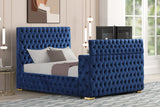 Built-in TV stand on footboard of Future Blue velvet platform bed