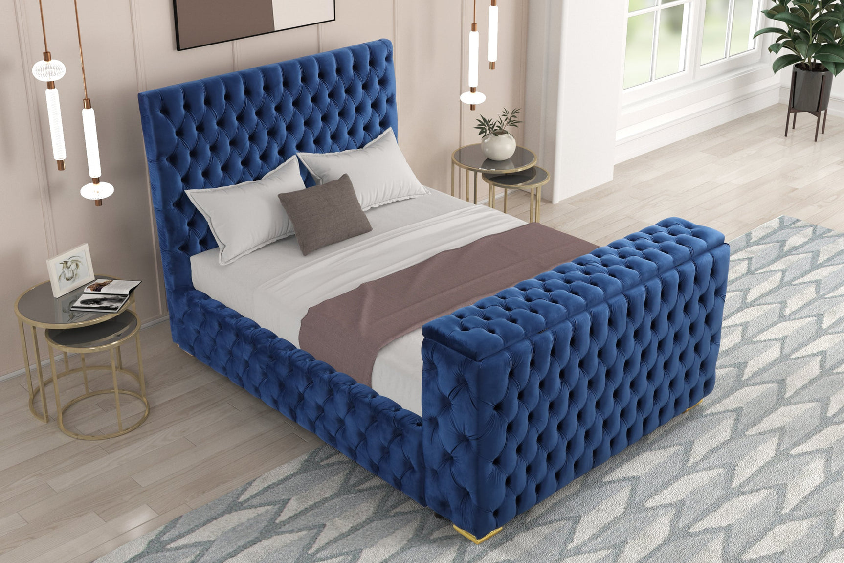 Close-up of blue velvet upholstery on Future platform bed