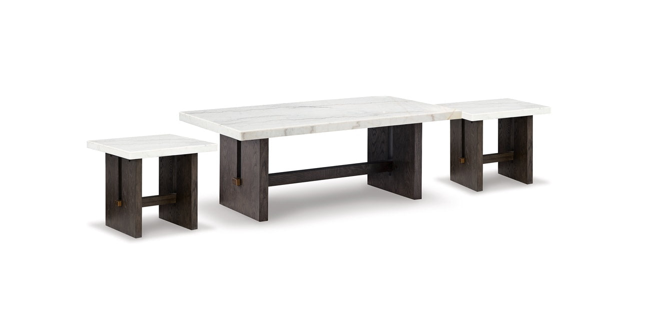 Burkhaus marble coffee table with rectangular natural marble top and dark brown oak finish